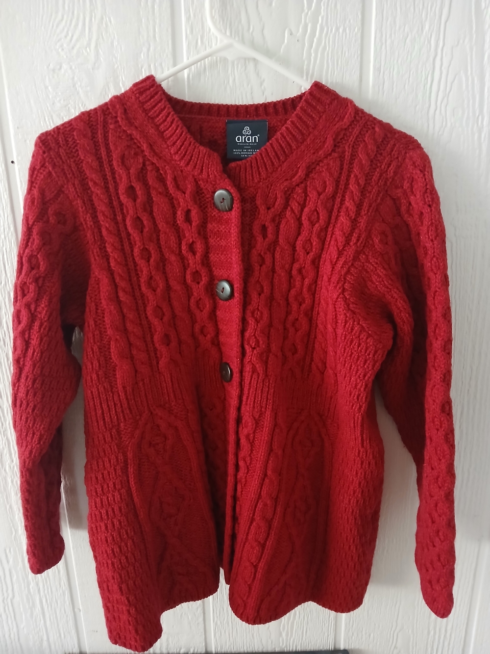 Aran Crafts Merino Wool Red Cable-Knit Button Cardigan Medium Made In Ireland
